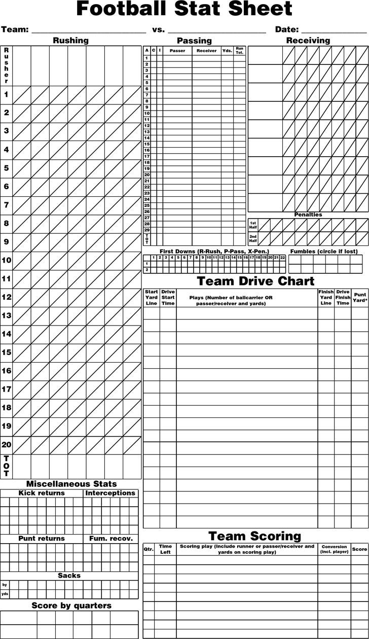 2018 Football Stat Sheet Template Printable