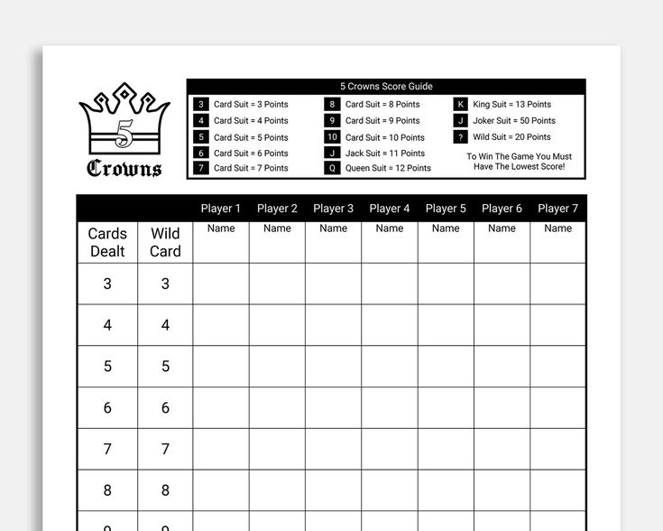 5 Crowns Score Card 5 Crowns Printable Score Card 5 Crowns Score 