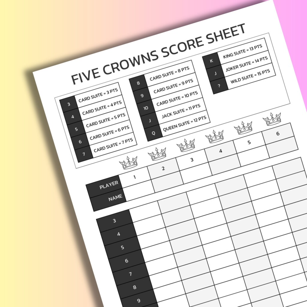 5 Crowns Score Sheet Printable 5 Crowns Score Card A4 Size Digital 