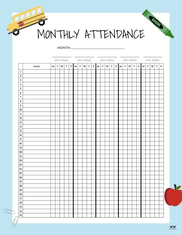 Attendance Sheets 50 FREE Printables Printabulls Homeschool