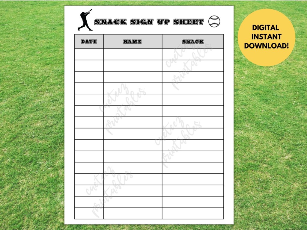 Baseball Snack Sign Up Sheet Printable For Sign Up Sheet For Teams 