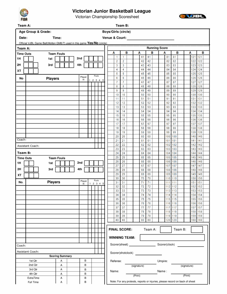 Basketball Scoring Sheet Printable