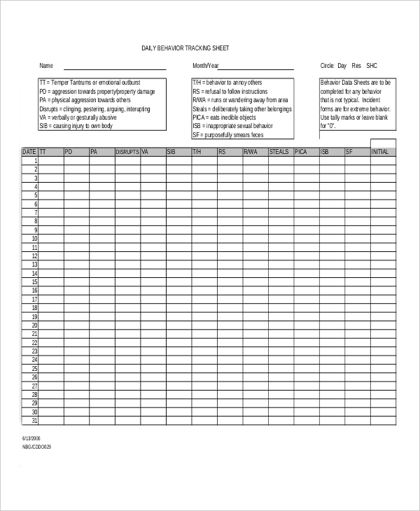 Behavior Tracking Sheet Printable