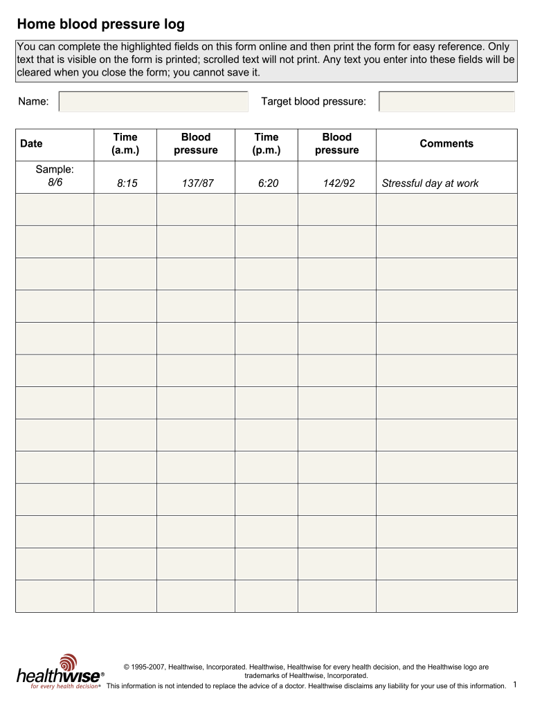 Blood Pressure Log Sheet Printable Daxwall