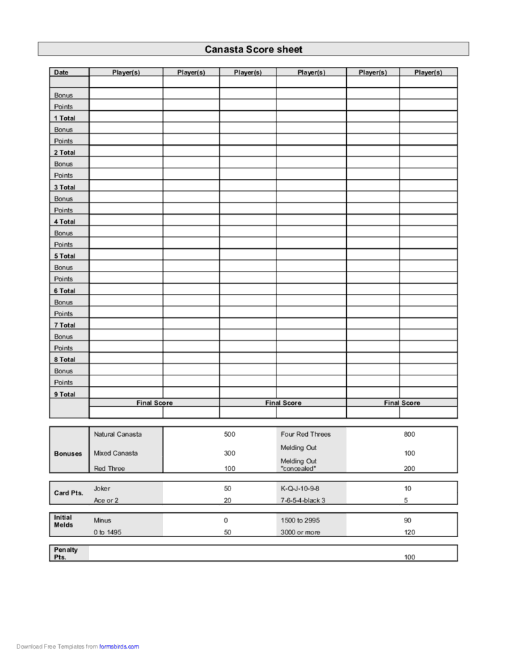 Canasta Score Sheets Printable Printable Word Searches