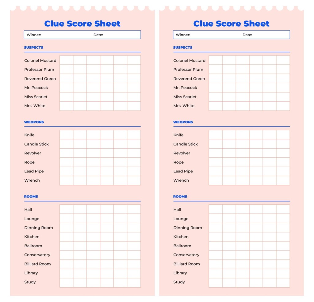Clue Printable Game Sheets