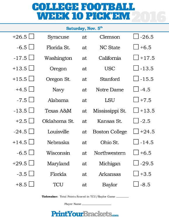 College Football Pick 39 em Printable Sheets Printable Word Searches