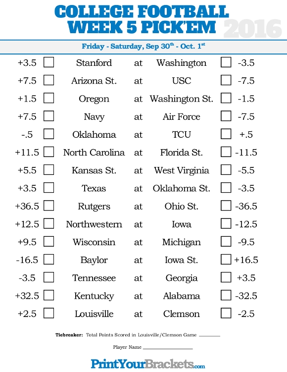 College Football Pick 39 em Printable Sheets Printable Word Searches
