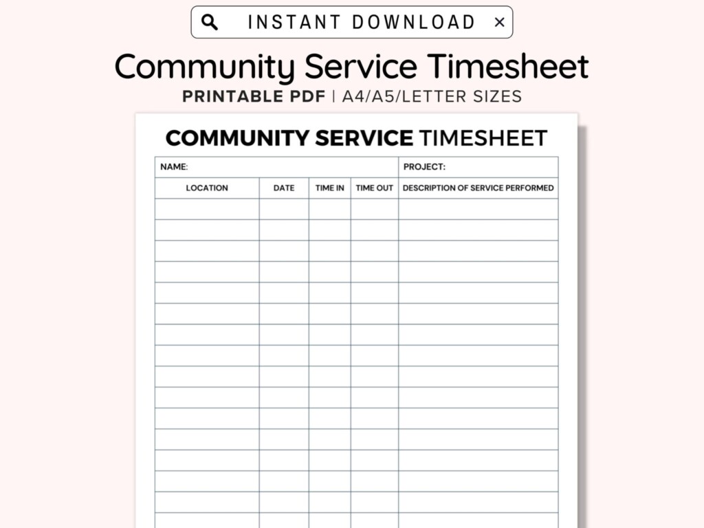 Community Service Hours Log Sheet Printable Volunteer Activity Log 