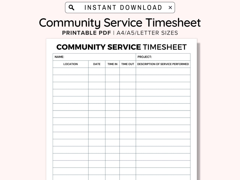 Community Service Hours Log Sheet Printable Volunteer Activity Log 