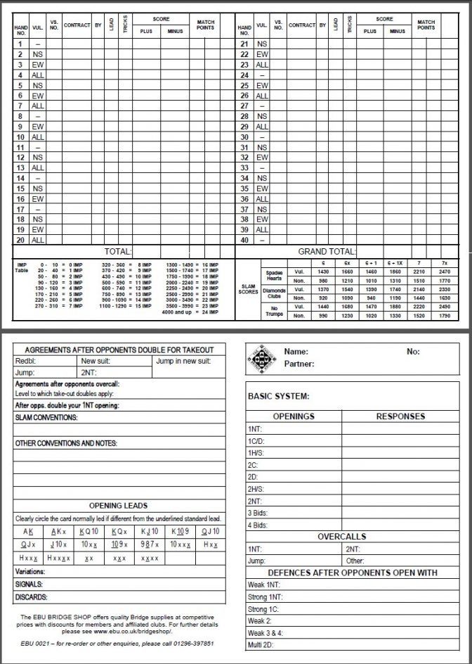 Contract Bridge Score Sheets Printable Printable Word Searches