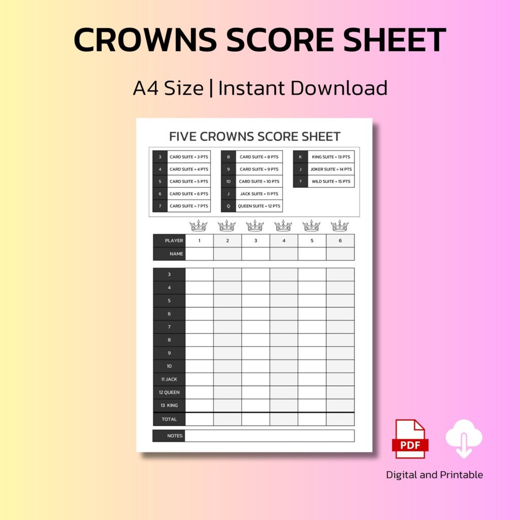 Crowns Score Sheet Printable Crowns Score Card A4 Size 45 OFF