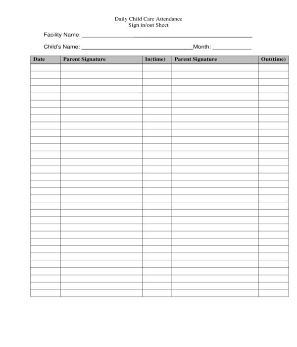 Daycare Attendance Sheet Printable