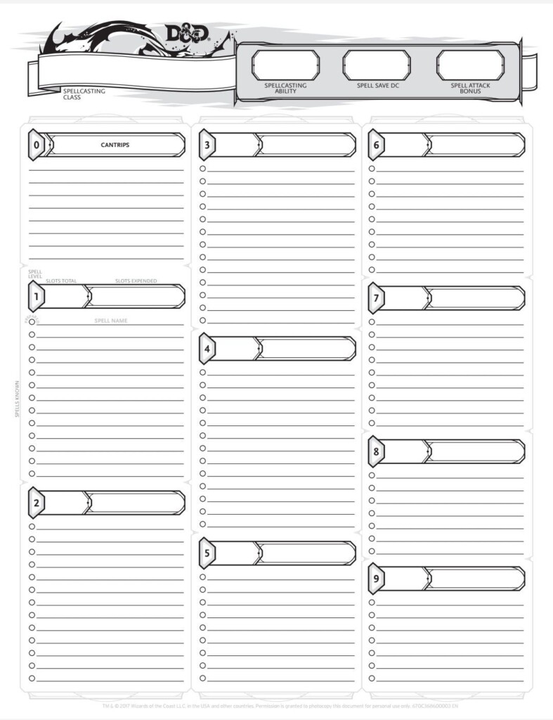 Dungeons And Dragons Printable Spell Sheet