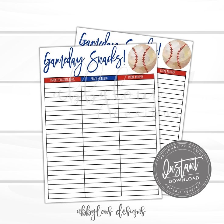 EDITABLE Baseball Snack Volunteer Sheet Baseball Printable Snack Sign 