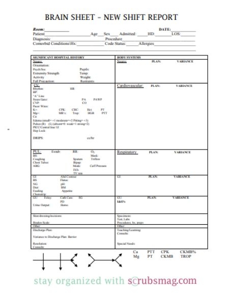 Editable Icu Nurse Report Sheet Nurse Brain Sheet Med Surg Within 