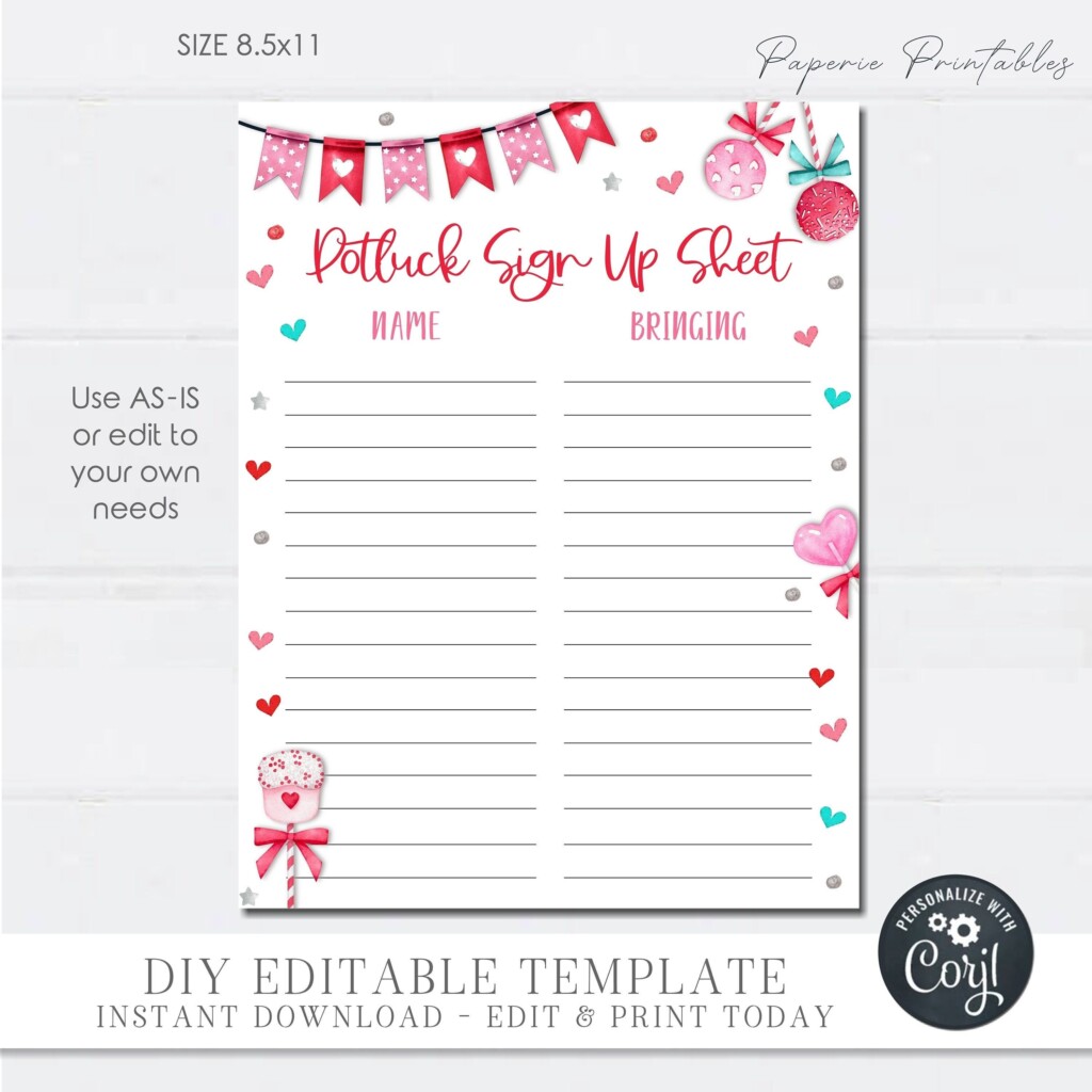 Editable Valentine 39 s Day Potluck Sign Up Sheet Potluck Sign Up Sheet 