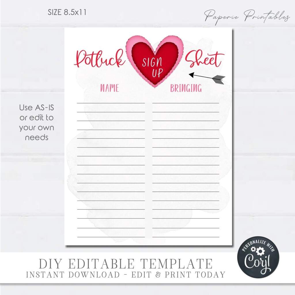 Editable Valentine 39 s Day Potluck Sign Up Sheet Potluck Sign Up Sheet 