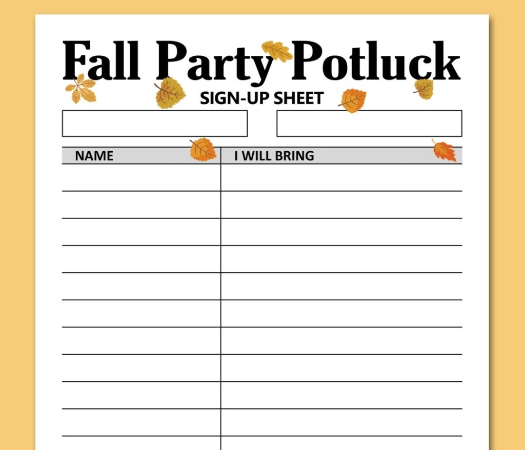 Fall Potluck Sign Up Sheet Printable Signup Form Fall Party Etsy
