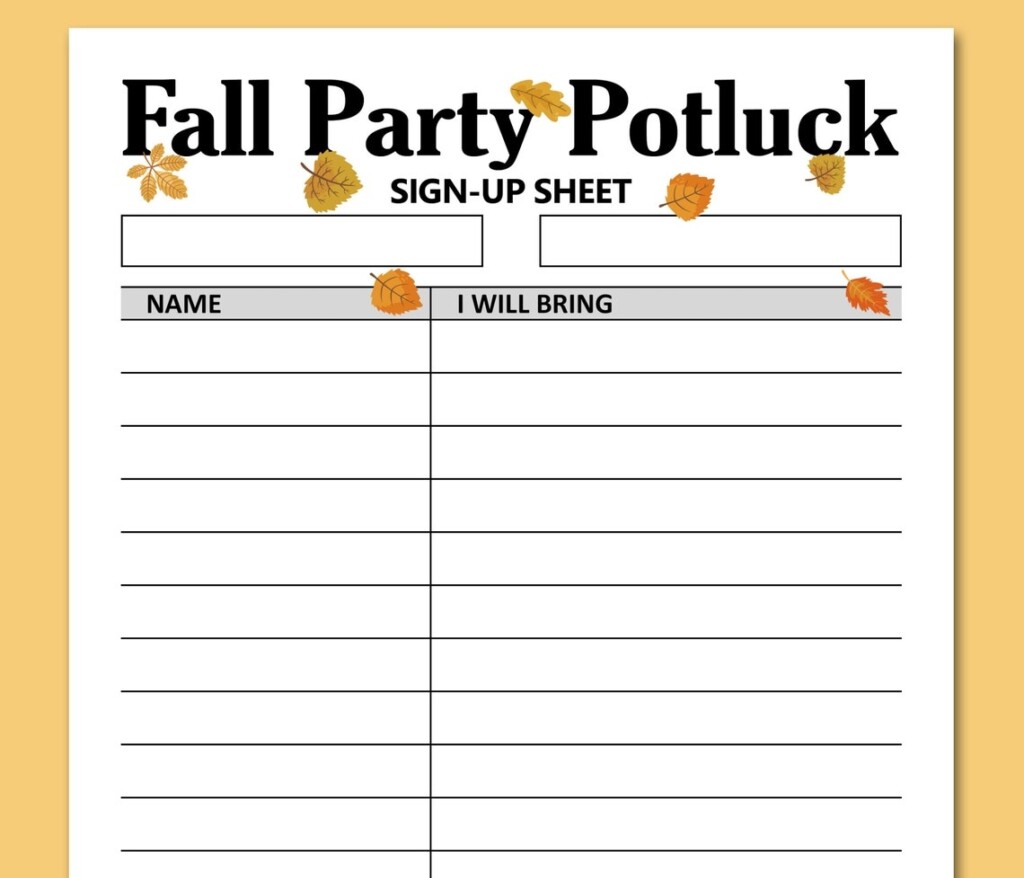 Fall Potluck Sign Up Sheet Printable Signup Form Fall Party Potluck 