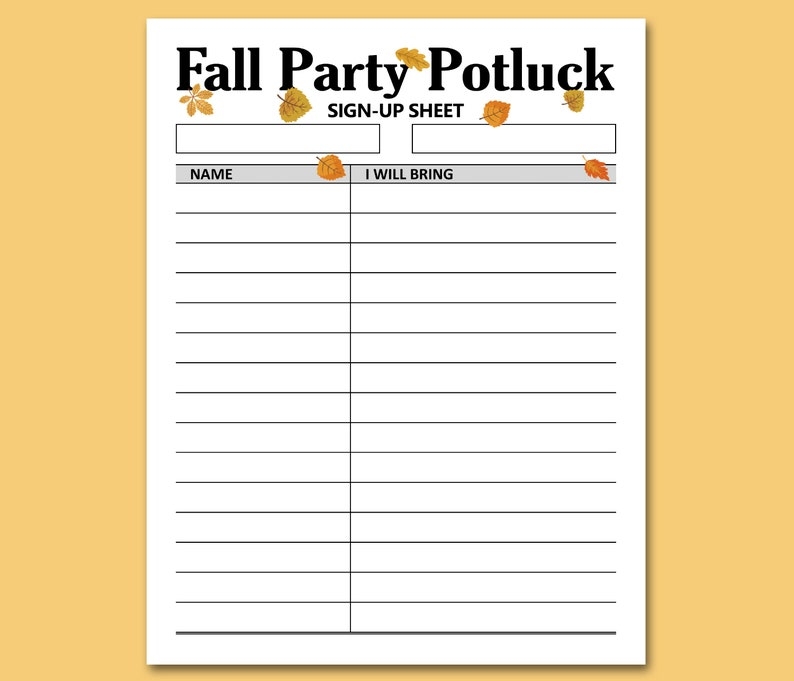 Fall Potluck Sign Up Sheet Printable Signup Form Fall Party Potluck 