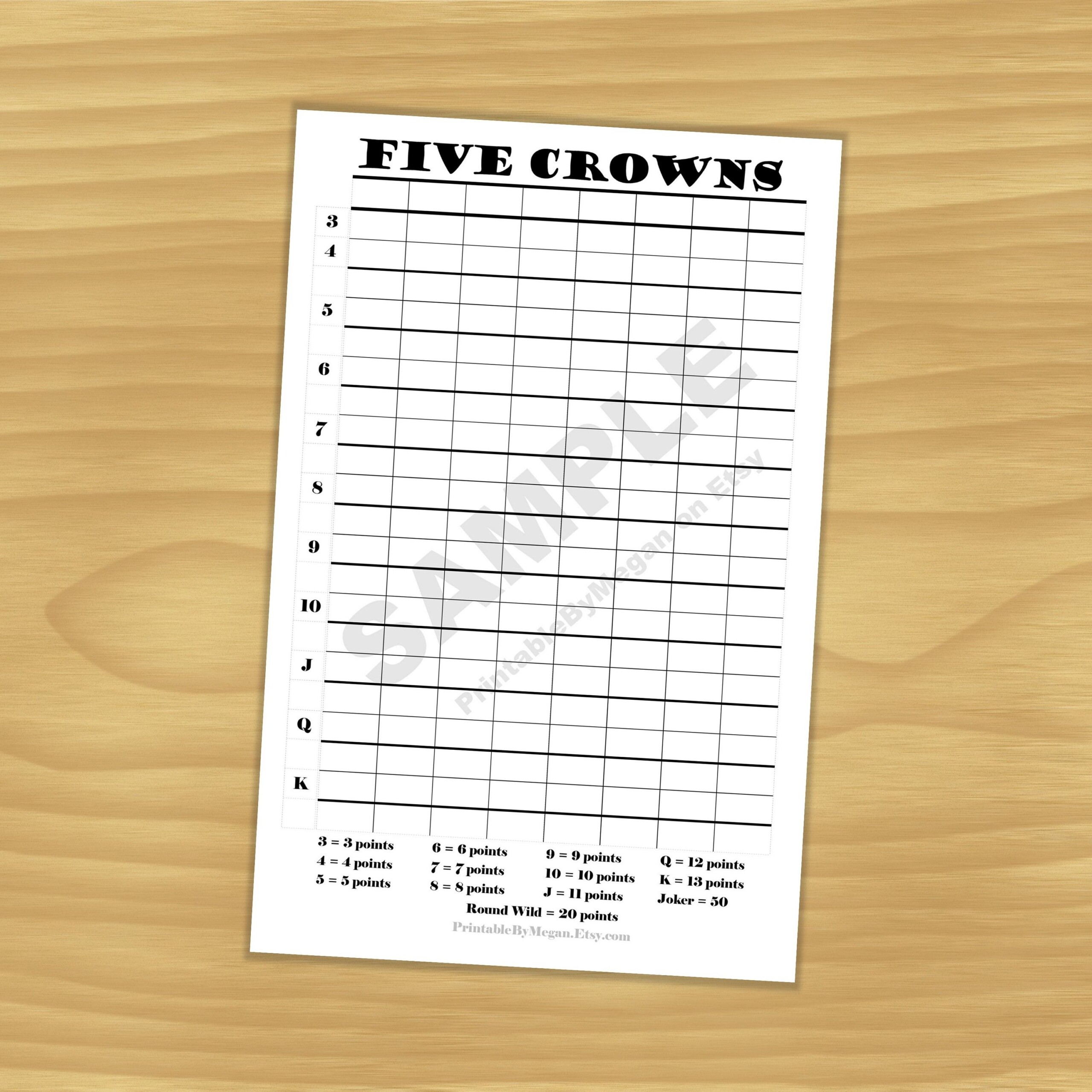Five Crowns Score Sheet Five Crowns Score Card Etsy Card Games