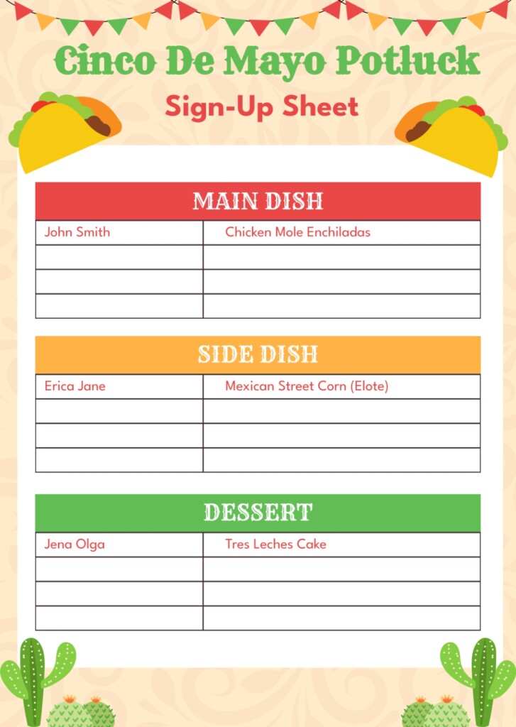 Free Cinco De Mayo Potluck Sign Up Sheet Template To Edit Online
