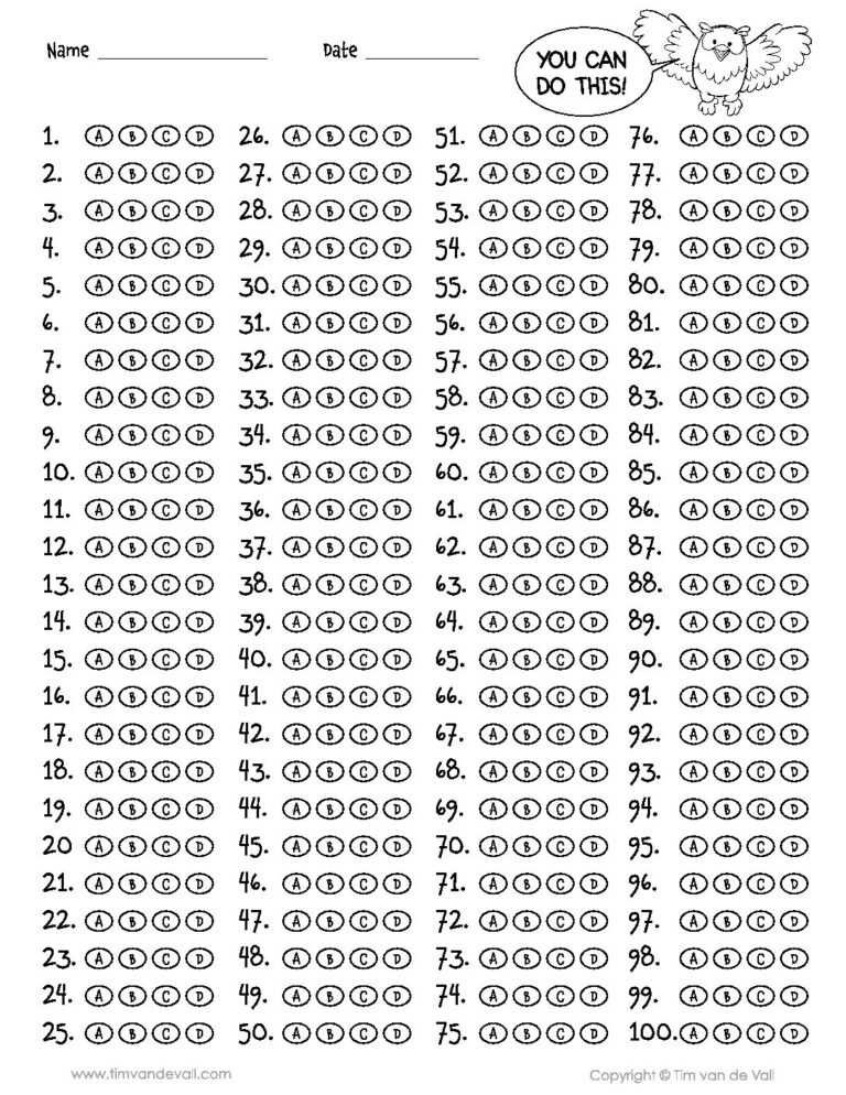 Free Printable Answer Sheet 1 100