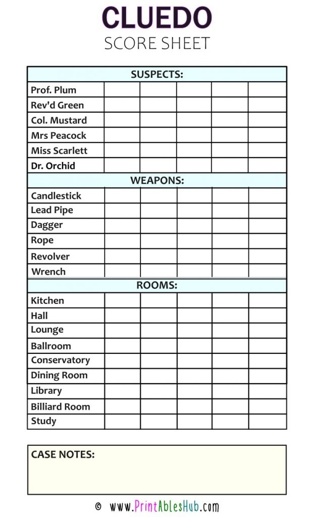 Free Printable Cluedo Score Sheet Template PDF Printables Hub