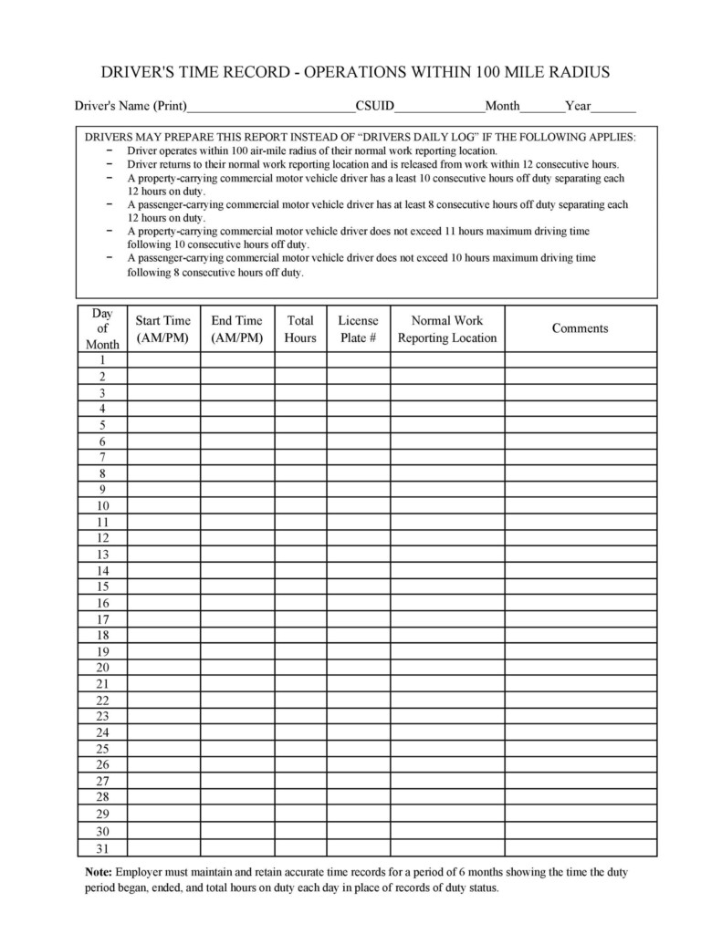 Free Printable Driver Daily Log Sheet Template Printable Form 