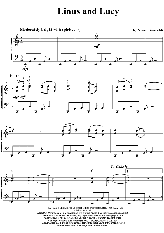 Free Printable Linus And Lucy Piano Sheet Music