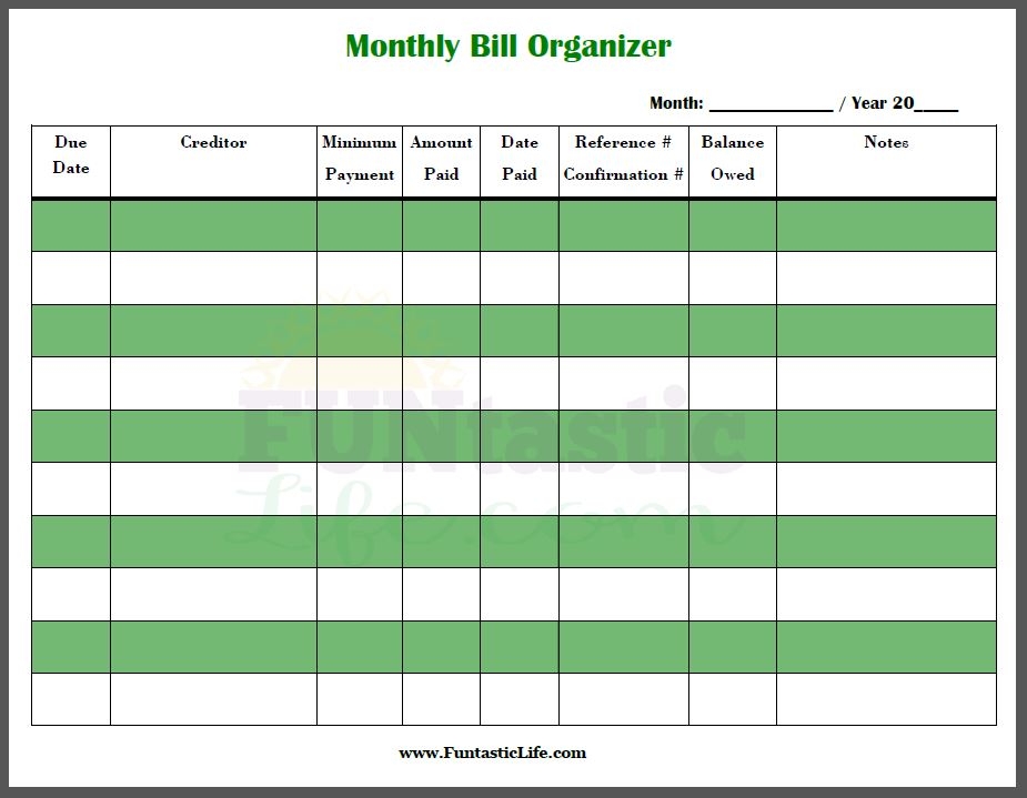 Free Printable Monthly Bill Organizer Room Surf