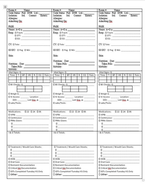 Free Printable Nursing Report Sheet Pdf