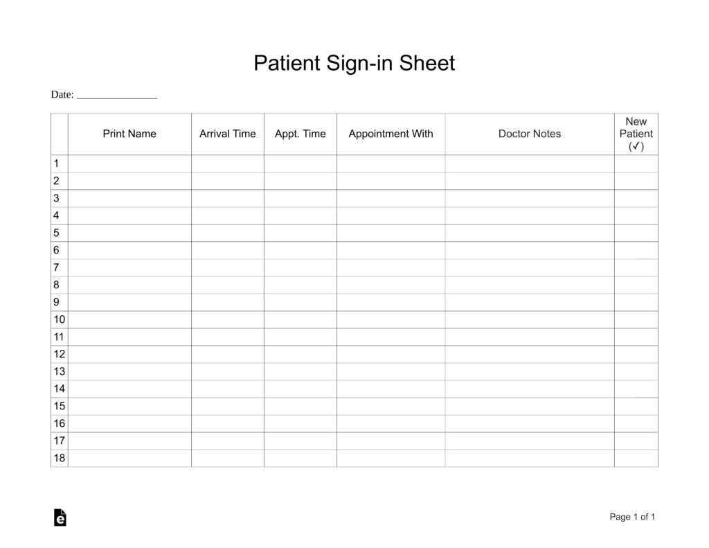 Free Printable Patient Sign In Sheet Template Printable Free Templates