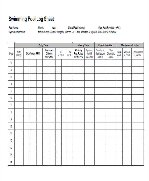 Free Printable Pool Log Sheet