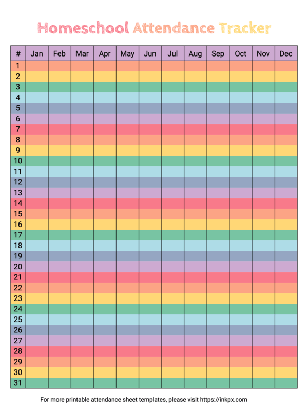 Free Printable Simple Colorful Homeschool Attendance Sheet Template InkPx