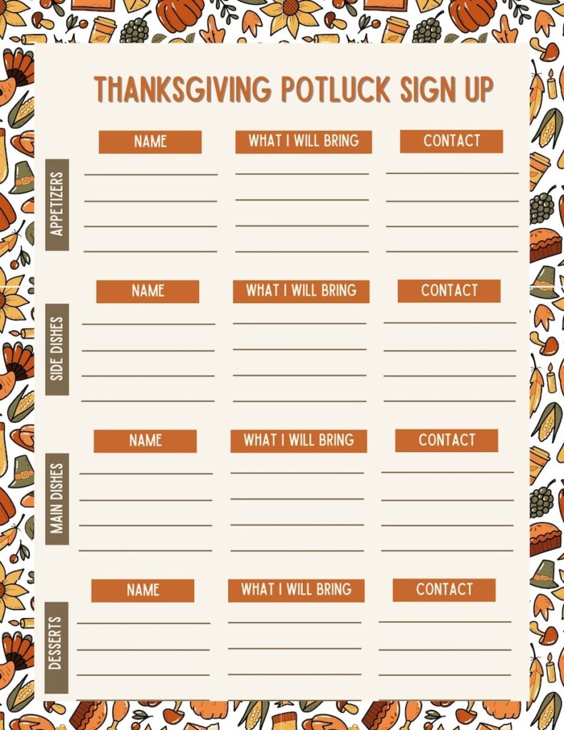 Free Printable Thanksgiving Potluck Sign Up Sheet