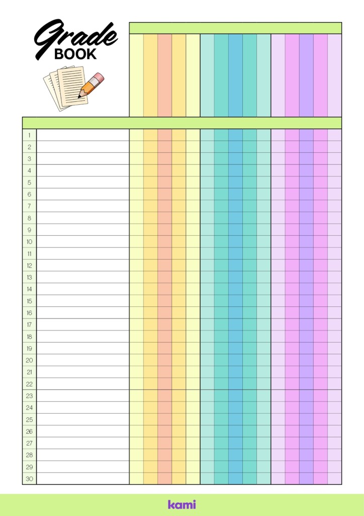 Gradebook 30 Lines Colorful Blank For Teachers Perfect For 