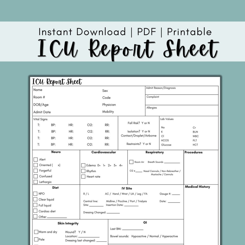 ICU Nurse Report Sheet Critical Care Nurse Sheet Nurse Etsy