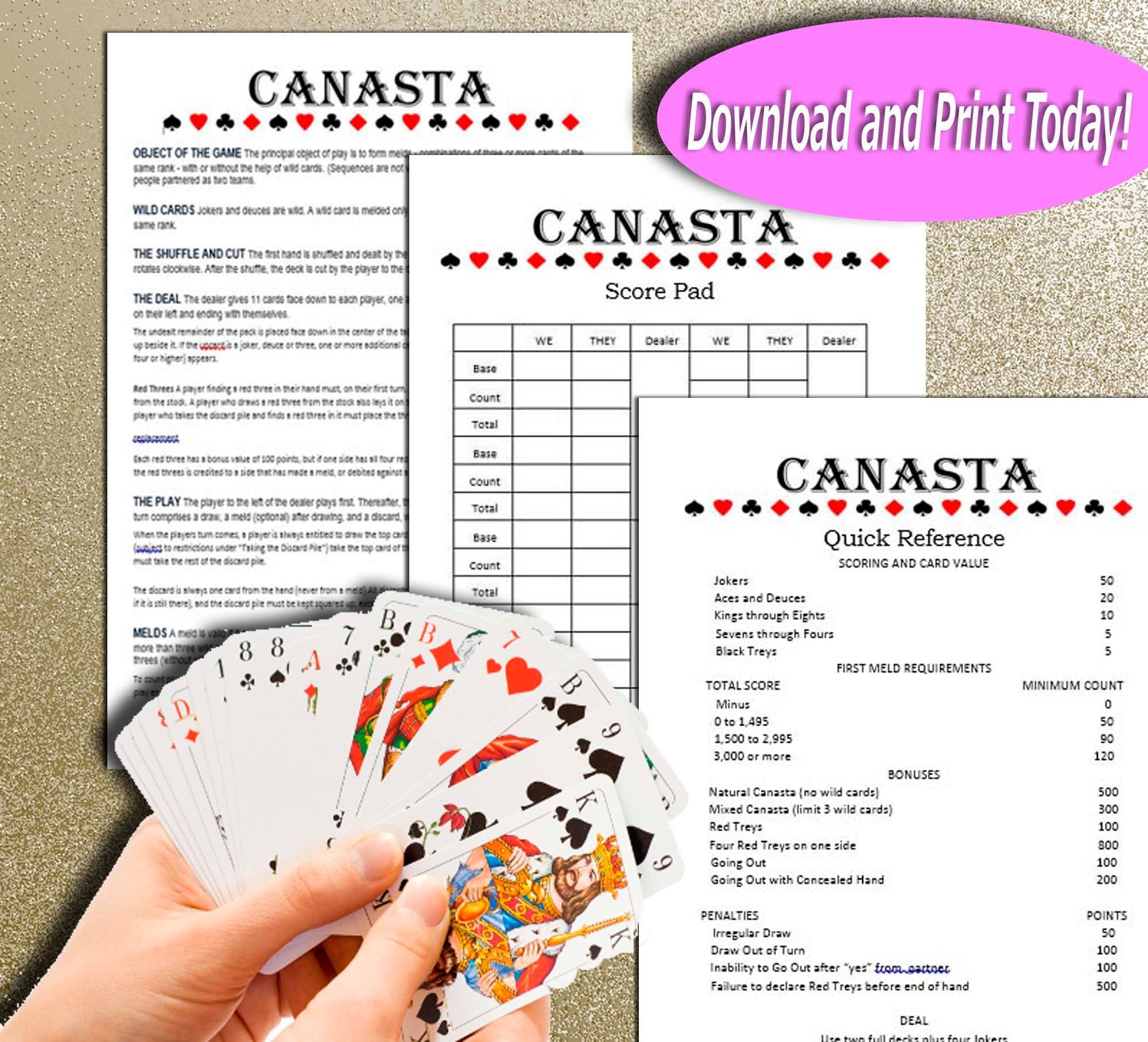 Learn And Play Canasta Score Sheet Rules And Quick Reference Guide