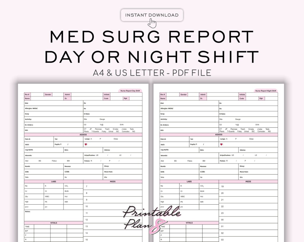 Med Surg Nurse Report Sheet Medication Layout Day Or Night Shift One 