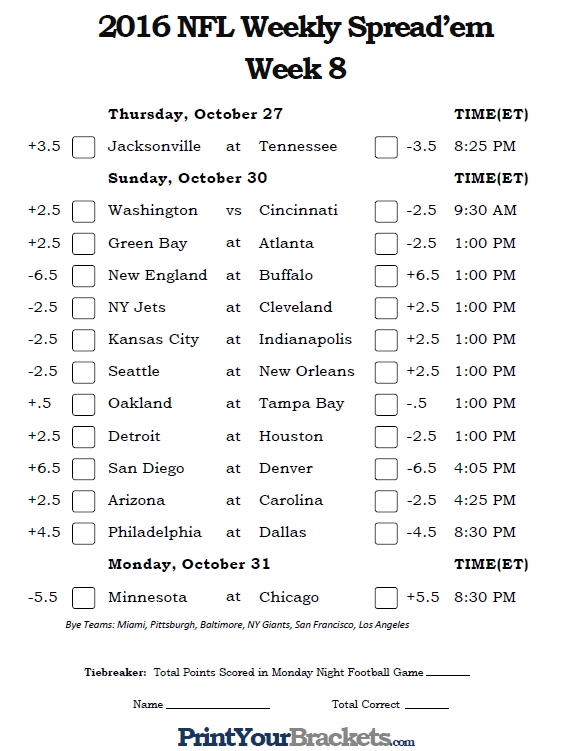 Nfl Weekly Pick Em Printable Sheet