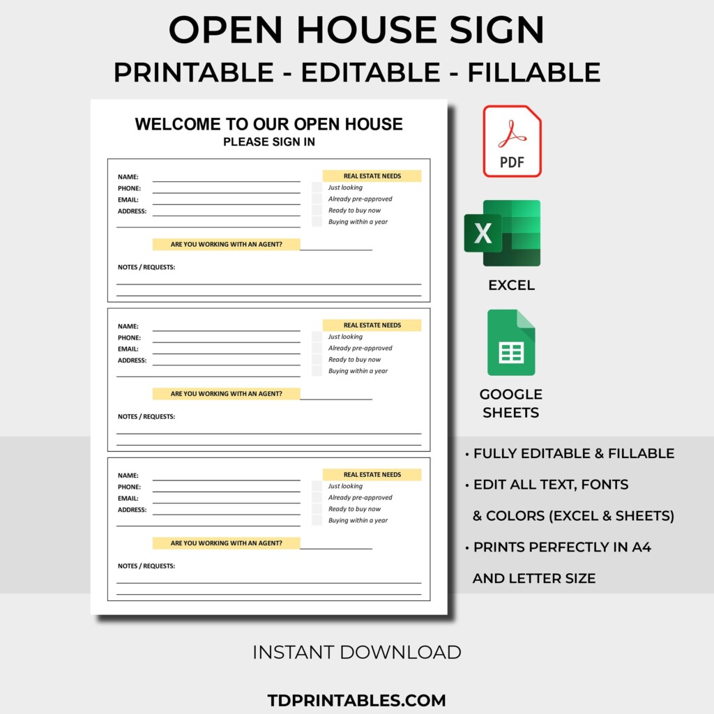 Open House Sign Sheet Printable Fillable PDF Digital Download Open House Sign Sheet Printable Fillable PDF Digital Download