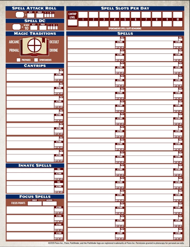 Pathfinder Character Sheet Printable