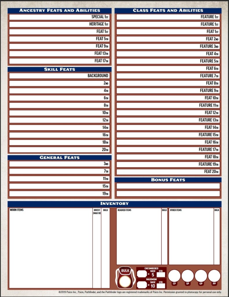 Pathfinder Printable Character Sheet