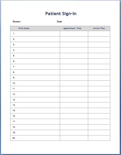 Patient Sign In Sheets Printable Template Business PSD Excel Word PDF