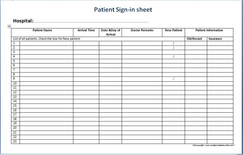 Patient Sign In Sheets Printable Template Business PSD Excel Word PDF