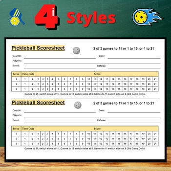 Pickleball Scoring Match Scoresheets Coach Physical Education Printable