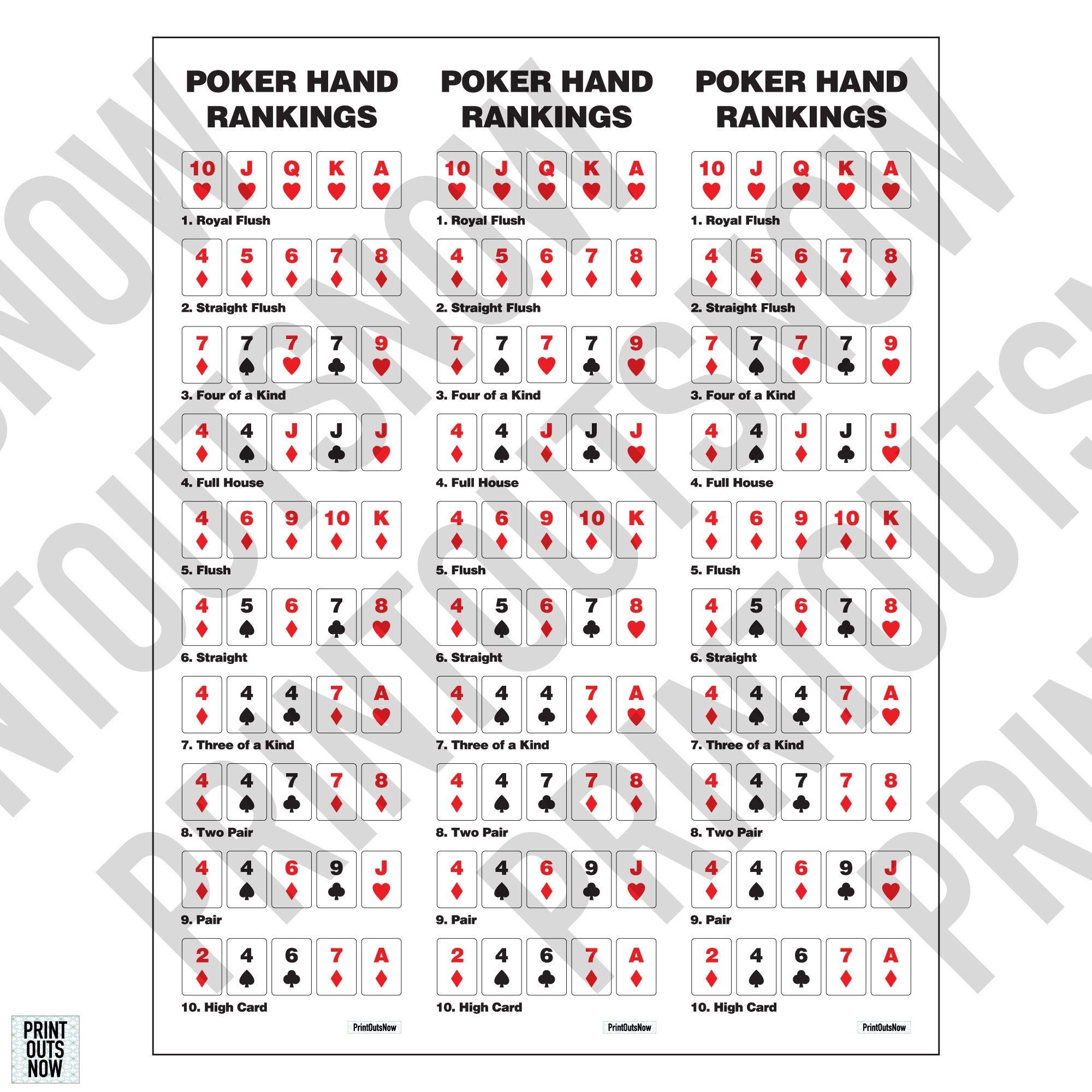 Poker Hand Ranking Cheat Sheet Print Out Instant Download For Texas