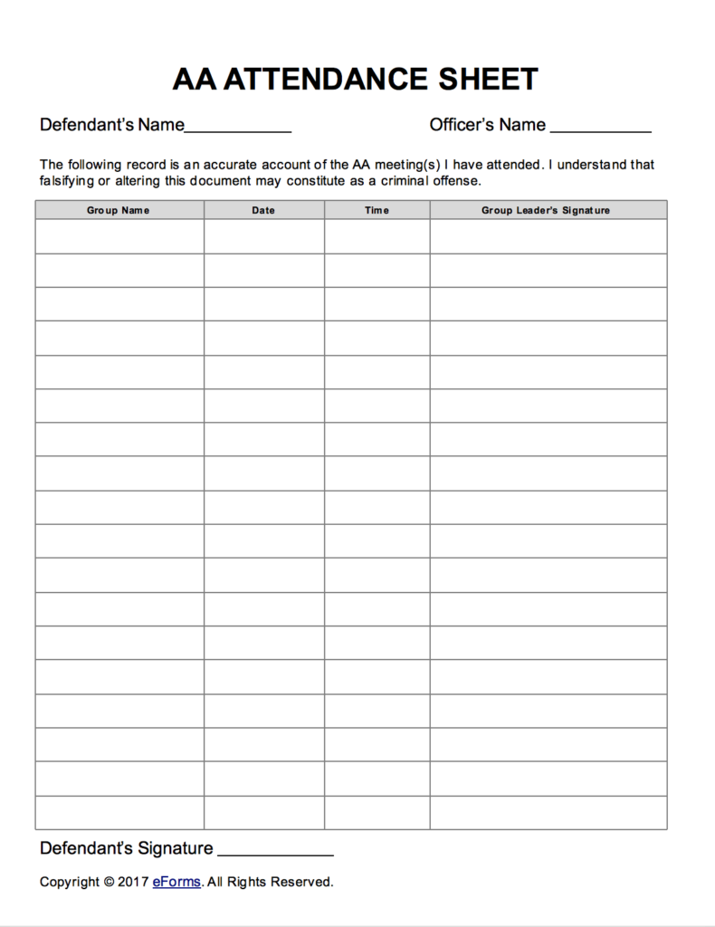 Printable Aa Meeting Attendance Sheet Pdf Printable Word Searches Riset